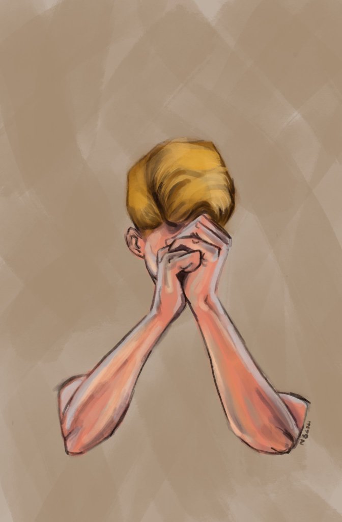 Digital painting, man's forearms and head on a beige background, it looks like he's melting into it or emerging from it