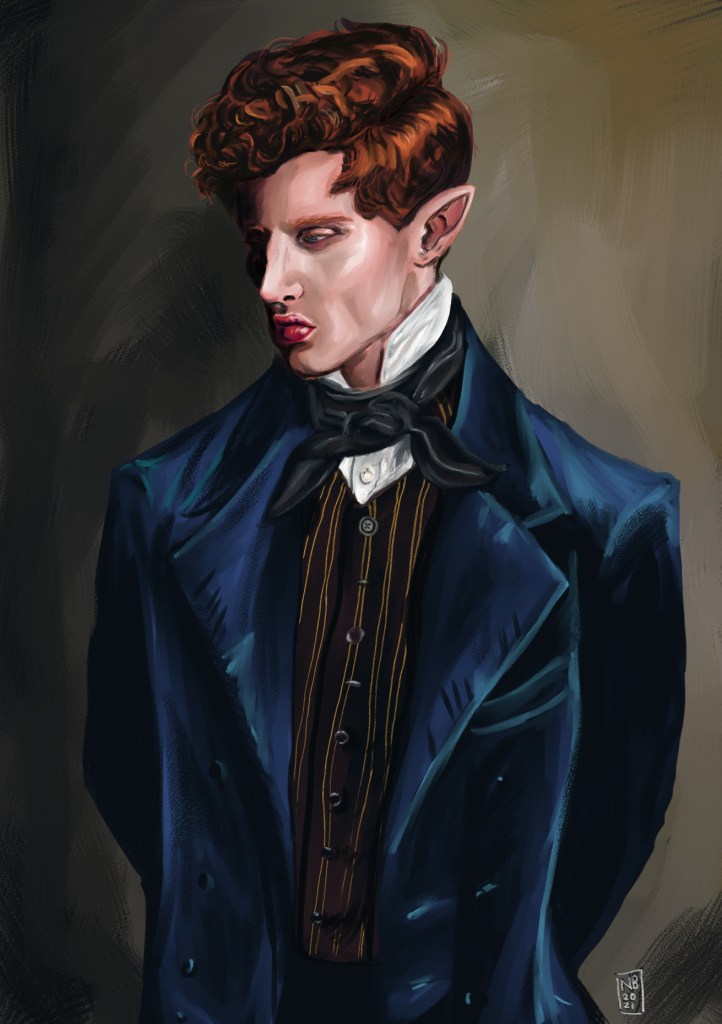 Oil painting of a red haired half elf in a blue velvet coat, looking to the lower left hand corner with a sad expression.